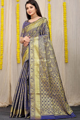 Unveiled Elegance Golden Worked Royal Blue Heavy Banarasi Saree